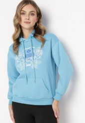 Jasnoniebieska Bluza z Kapturem i Nadrukiem oraz Ściągaczami Apperforda. Niebieskie bluzy damskie Born2be, l, bez wzorów, z polaru, z kapturem. Za 84.99 zł.