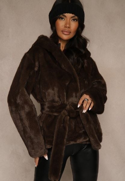 Brązowa Futerkowa Kurtka z Kapturem i Wiązanym Paskiem Zetele. Brązowe kurtki damskie Renee, l, bez wzorów, z jeansu, z kapturem. Za 229.99 zł.