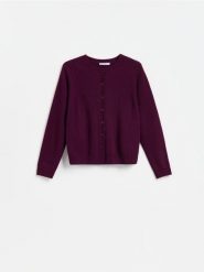 Wełniany kardigan - ciemnofioletowy. Fioletowe kardigany damskie Reserved, l, bez wzorów, z wełny. Za 179.99 zł.