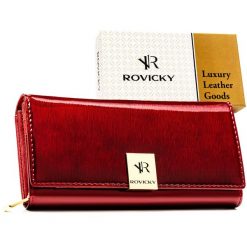 Skórzany, duży portfel damski w czerwonym kolorze zamykany na zatrzask - Rovicky. Czerwone portfele damskie ROVICKY, bez wzorów, ze skóry. Za 99.99 zł.