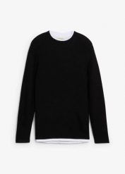 Strukturowany sweter 2 w 1, z bawełną. Czarne swetry przez głowę męskie bonprix, m, bez wzorów, z bawełny, bez kołnierzyka. Za 104.99 zł.