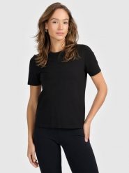 4F T-shirt regular gładki damski - czarny L. Czarne t-shirty damskie 4f, l, bez wzorów, z materiału, klasyczne, bez kołnierzyka. Za 49.99 zł.