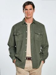 Koszula męska z drobnego sztruksu khaki Cordwis 303. Zielone koszule męskie Big Star, l, bez wzorów, z jeansu, retro, bez kołnierzyka, bez ramiączek. Za 259.99 zł.