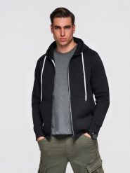Męska bawełniana bluza dresowa BASIC rozpinana z kapturem - czarna V5. Czarne bluzy męskie Ombre Clothing, m, z aplikacjami, z bawełny, z kapturem. Za 169.99 zł.
