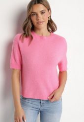 Różowy Sweter z Wełną z Krótkim Rękawem Dannoria. Czerwone swetry damskie Born2be, uniwersalny, bez wzorów, z jeansu, eleganckie, bez kołnierzyka, bez ramiączek, krótkie, bez kaptura. Za 149.99 zł.
