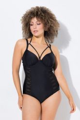 Damski Strój kąpielowy miękkie miseczki z fiszbinami wiązany z tyłu na szyi. Czarne kostiumy jednoczęściowe damskie Ulla Popken, plus size, bez wzorów, z elastanu, plus size, do pływania. Za 223.99 zł.