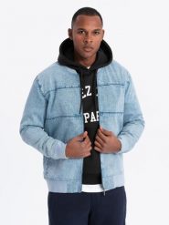 Kurtka męska jeansowa bomberka z efektem stone wash – jasnoniebieska V3 - Rozmiar: L. Szare kurtki sportowe męskie Ombre Clothing, l, bez wzorów, z bawełny. W wyprzedaży za 224.99 zł.