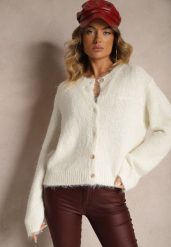 Biały Klasyczny Kardigan o Prostym Kroju Riavara. Białe kardigany damskie Renee, bez wzorów, z jeansu, eleganckie, bez kołnierzyka, bez ramiączek, bez kaptura. Za 159.99 zł.