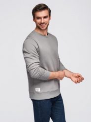 Bluza męska dresowa BASIC z okrągłym dekoltem - szara V8 - Rozmiar: L. Szare bluzy męskie Ombre Clothing, l, bez wzorów, z bawełny, bez kaptura. Za 145.99 zł.