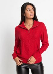 Sweter ze stójką we wzór w warkocze. Czerwone swetry damskie bonprix, bez wzorów, bez kołnierzyka, bez ramiączek, bez kaptura. Za 99.99 zł.