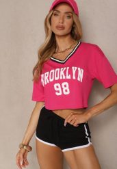 Fuksjowy T-shirt z Bawełny Ozdobiony Napisem Lireline. Czerwone bluzki damskie Renee, m, bez wzorów, z bawełny, eleganckie, bez kołnierzyka. Za 34.99 zł.