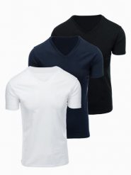 Zestaw męskich t-shirtów bawełnianych V-neck BASIC – czarny/biały/granatowy V1 - Rozmiar: XL. Białe t-shirty męskie Ombre Clothing, m, bez wzorów, z bawełny, biznesowe, bez kołnierzyka. Za 169.99 zł.