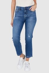 7 FOR ALL MANKIND Niebieskie jeansy z przetarciami i szeroką nogawką THE STRAIGHT CROP SLIM ILLUSION Outline. Niebieskie jeansy damskie 7 for all mankind. W wyprzedaży za 549.99 zł.