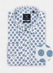 PAKO LORENTE – Biała koszula męska w niebieski wzór P21WF-1X-149-B. Białe koszule męskie Pako Lorente, l, bez wzorów, z bawełny, klasyczne, bez kołnierzyka, bez ramiączek. Za 74.99 zł.