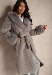 Szary Futrzany Płaszcz z Wiązanym Paskiem Ozdobnym Kołnierzem i Mankietami Viaressa. Szare płaszcze damskie Renee, l, bez wzorów, z futra, eleganckie, długie, bez kaptura. Za 229.99 zł.