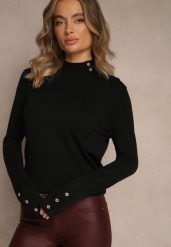 Czarny Golf o Dopasowanym Kroju Zdobiony Minimalistycznymi Aplikacjami Unissa. Czarne swetry damskie Renee, l, z aplikacjami, z jeansu, eleganckie, bez kołnierzyka, bez ramiączek, bez kaptura. Za 59.99 zł.