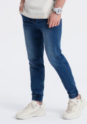 Ombre Spodnie męskie jeansowe JOGGER SLIM FIT - ciemnoniebieskie V3 OM-PADJ-0134 XL. Niebieskie spodnie materiałowe męskie Ombre, m, bez wzorów, z jeansu. Za 99.99 zł.
