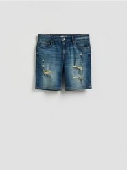 Jeansowe szorty z przetarciami - indigo jeans. Niebieskie szorty męskie Reserved, bez wzorów, z denimu. Za 119.99 zł.