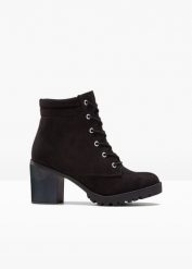 Botki sznurowane. Czarne botki damskie bonprix, eleganckie, bez obcasa, na obcasie, bez zapięcia. Za 149.99 zł.