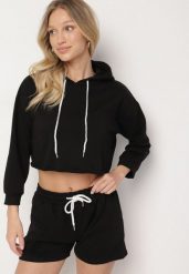Czarny Komplet Dresowy z Bawełną Bluza z Kapturem Krótszego Kroju i Szorty Ralophea. Czarne bluzy damskie Born2be, m, bez wzorów, z bawełny, z kapturem. Za 74.99 zł.