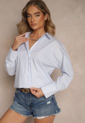 Niebieska Koszula z Bawełny o Kroju Oversize w Paski z Metalicznymi Zdobieniami Pasenitia. Niebieskie bluzki damskie Renee, l, z aplikacjami, z bawełny, eleganckie, bez kołnierzyka, bez ramiączek. Za 99.99 zł.