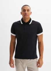 Shirt polo z materiału pique. Czarne koszulki polo męskie bonprix, l, bez wzorów, bez ramiączek. Za 72.99 zł.