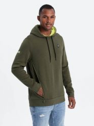 Bluza męska z kapturem z kieszenią na zamek - oliwkowa V2 - Rozmiar: L. Zielone bluzy męskie Ombre Clothing, l, bez wzorów, z bawełny, z kapturem. W wyprzedaży za 69.99 zł.