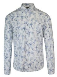 Koszula Biało-Niebieska w Palmy, Liście, Męska Długi Rękaw, Slim Fit, Taliowana -TO-ON. Niebieskie koszule męskie TO-ON, m, bez wzorów, z bawełny, biznesowe, bez kołnierzyka, bez ramiączek. Za 109.00 zł.