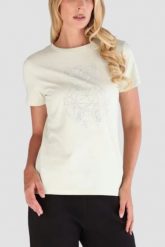 GUESS Biały damski t-shirt na krótki rękaw z cyrkoniami Romy, Rozmiar S. Białe t-shirty damskie Guess, s, z aplikacjami, eleganckie, bez kołnierzyka. Za 239.99 zł.