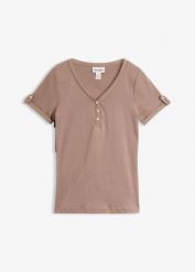 Prążkowana bluzka Henley z czystej bawełny. Czerwone bluzki damskie bonprix, bez wzorów, z bawełny, bez kołnierzyka, bez ramiączek. Za 47.99 zł.