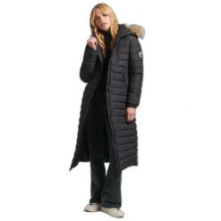 Długa i lekka kurtka puchowa z kapturem ze sztucznym futrem dla kobiet Superdry. Czarne kurtki damskie Superdry., xs, bez wzorów, prążkowane, z kapturem. Za 508.50 zł.
