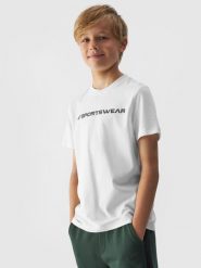 4F T-shirt regular z nadrukiem chłopięcy - biały 122 (6-7 lat). Białe t-shirty dla chłopców 4f, bez wzorów, z bawełny, bez ramiączek. W wyprzedaży za 19.99 zł.