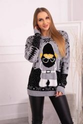Sweter świąteczny z Mikołajem szary. Szare swetry damskie KESI, l, bez wzorów, z wełny, wizytowe, bez kołnierzyka, plus size, bez ramiączek, długie, bez kaptura. Za 125.45 zł.