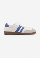 Biało-Niebieskie Płaskie Klasyczne Buty Sportowe Sneakersy ze Sznurowaniem z Ozdobnym Noskiem i Paskami Timaela. Białe buty sportowe męskie Born2be, z jeansu, bez zapięcia. Za 119.99 zł.