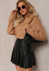 Brązowy Sweter z Dekoltem w Serek i Ozdobnym Splotem Travissa. Brązowe swetry damskie Renee, bez wzorów, ze splotem, casualowe, bez kołnierzyka, bez ramiączek, bez kaptura. Za 109.99 zł.