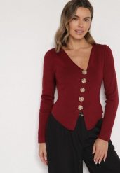 Bordowy Sweter z Wiskozą Ozdobiony Guzikami Zetisae. Czerwone swetry damskie Born2be, m, bez wzorów, z jeansu, eleganckie, bez kołnierzyka, bez ramiączek, bez kaptura. Za 89.99 zł.