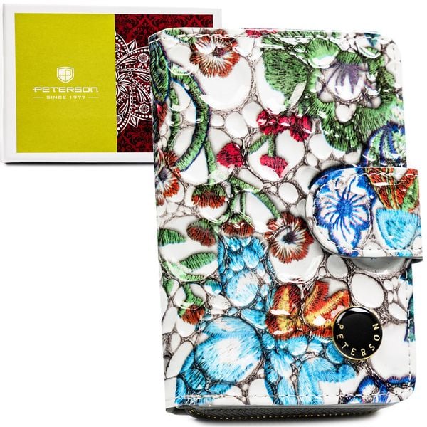 Wielokolorowy, pionowy portfel damski ze skóry naturalnej zamykany zatrzaskiem i suwakiem PTN PH31-LFL Peterson. Portfele damskie Peterson, bez wzorów, ze skóry. Za 85.99 zł.