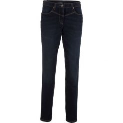 Dżinsy modelujące sylwetkę z wstawką w prążek z boku w talii bonprix ciemny denim. Niebieskie jeansy damskie bonprix. Za 109.99 zł.