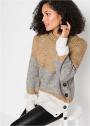 Sweter oversize w paski z guzikami. Brązowe swetry damskie bonprix, bez wzorów, bez kołnierzyka, bez ramiączek, bez kaptura. Za 124.99 zł.