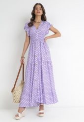 Fioletowa Sukienka Maxi w Groszki z Szeroką Gumką w Pasie Khalsa. Fioletowe sukienki damskie Born2be, l, bez wzorów, bez kołnierzyka, bez ramiączek, maxi. Za 74.99 zł.