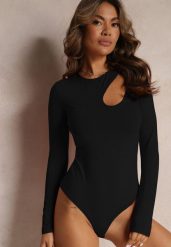 Czarne Body z Wycięciem i Długim Rękawem Ollisma. Czarne bluzki damskie Renee, l, bez wzorów, eleganckie, bez kołnierzyka, bez ramiączek. Za 79.99 zł.