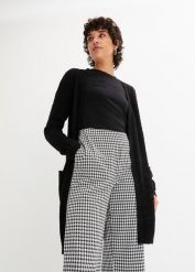 Długi sweter bez zapięcia z przędzy boucle. Czarne swetry damskie bonprix, bez wzorów, bez kołnierzyka, bez ramiączek, długie, bez kaptura. Za 89.99 zł.
