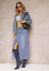 Niebieska Jeansowa Spódnica Midi Abexa. Niebieskie spódnice damskie Renee, s, z aplikacjami, z jeansu, eleganckie, z podwyższonym stanem, midi. Za 69.99 zł.