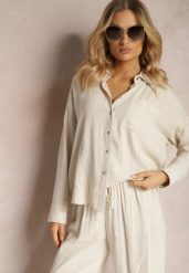 Beżowa Klasyczna Koszula z Wiskozy i Lnu Vistar. Brązowe bluzki damskie Renee, l, bez wzorów, z jeansu, eleganckie, bez kołnierzyka, bez ramiączek. Za 99.99 zł.