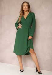 Zielona Koszulowa Sukienka Midi z Gumką w Pasie Natelin. Zielone sukienki damskie Renee, s, bez wzorów, eleganckie, bez kołnierzyka, bez ramiączek, midi, koszulowe. Za 99.99 zł.