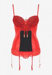 Czerwono-Czarny Koronkowy Gorset na Regulowanych Ramiączkach ze Stringami Cmiella. Czerwone body damskie Born2be, m, bez wzorów, z koronki. Za 49.99 zł.