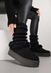 Czarne Krótkie Śniegowce na Platformie Ozdobione Futerkiem Sewlara. Czarne śniegowce i trapery damskie Renee, z jeansu. Za 44.99 zł.