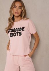 Różowy T-shirt z Nadrukiem Napisu Dezerine. Czerwone bluzki damskie Renee, l, bez wzorów, z jeansu, klasyczne, bez kołnierzyka. Za 34.99 zł.