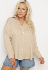 Beżowa Koszula z Wiskozą w Drobne Hafty Navellea. Brązowe bluzki damskie Born2be, plus size, bez wzorów, z jeansu, eleganckie, bez kołnierzyka, plus size, bez ramiączek. Za 84.99 zł.