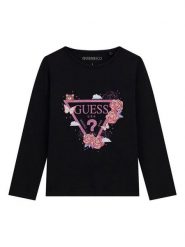 Guess Bluzka K6YI24 K3732 Czarny Regular Fit. Czarne bluzki dla dziewczynek Guess, z aplikacjami, z bawełny, bez kołnierzyka, bez ramiączek. Za 84.99 zł.